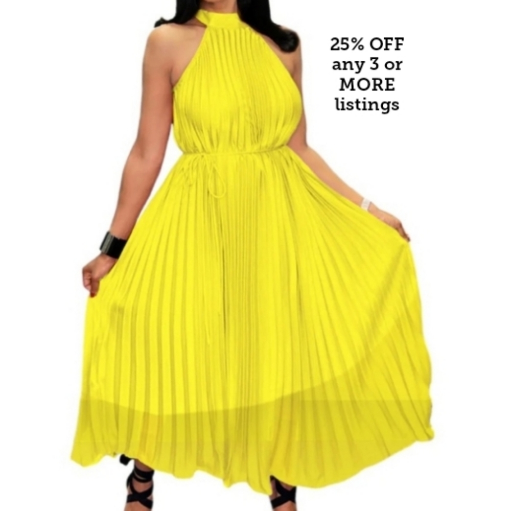 Pleated Chiffon Halter Size Large Bright Gown Goddess Boho Maxi Slip On Dress